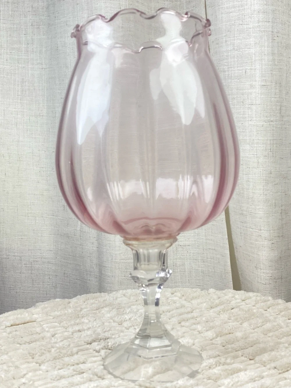 Vtg MCM Empoli Style Pink Optic Glass Goblet Vase Ruffled Brandy Snifter 11